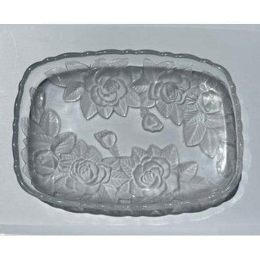 Frosted Rose Glass Serving Tray Scalloped Rectangular Floral Platter 11.5in